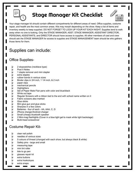 An extensive editable list to get your stage management team started with creating a kit for productions and travel. Directing Musical Theatre, Prompt Book Stage Manager, Stage Manager Binder, Stage Manager Tips, Stage Manager Kit, Stage Manager Outfit, Stage Manager Aesthetic, Middle School Theatre, Theatre Tips