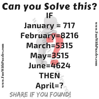 If January=717, February=8216, March=5315, May=3515 Then April=? Aloo Gosht, Brain Math, Brain Teasers For Teens, Logic Math, Brain Yoga, Math Logic Puzzles, Gosht Recipe, Brain Teasers With Answers, Brain Teasers For Kids