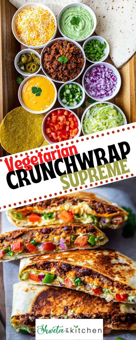 My version of crunchwrap is a vegetarian version where meat is replaced with a tasty black bean filling. In addition I also like to add some avocado dip(crema) and few of my favorite toppings to personalize it. Honestly making it at home is so much more tastier! You will need all or combination of ingredients to make your crunchwrap. This recipe is highly customizable and I've mentioned alternatives where available. Black Bean Quesadilla Recipes, Crunch Wrap Supreme Recipe, Easy Steak Fajitas, Vegetarian Mexican Recipes, Crunchwrap Supreme, Mexican Side Dishes, Vegetarian Mexican, Healthy Vegetarian Dinner, Vegetarian Tacos