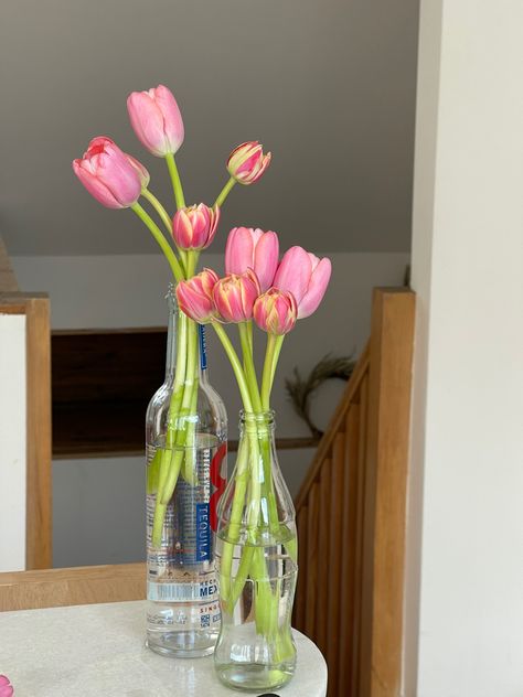 Ups cycle your old Coke bottles and alcohol bottles into clean vases for tulips. Thrifted Flower Vases, Alcohol Bottle Flower Vase, Alcohol Bottle Vase, Flowers In Alcohol Bottles, Wine Bottle Vase Flowers, Flower In Glass Bottle, Old Coke Bottles, Flowers In Glass Bottles, Hospitality Ideas