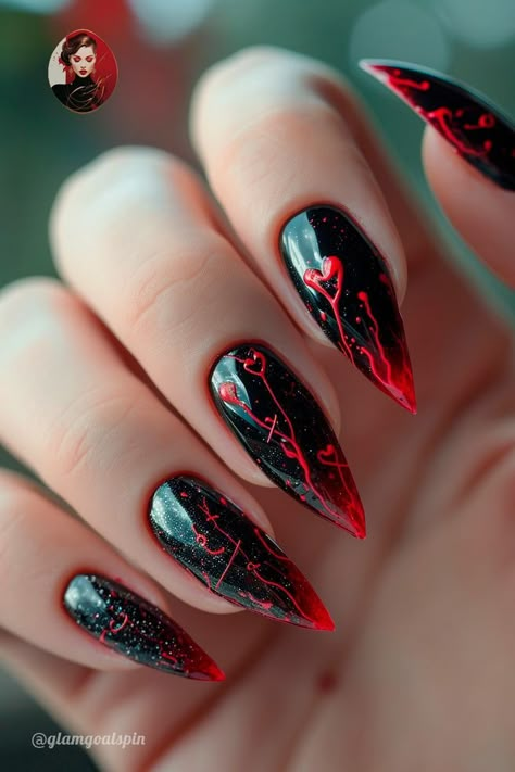 Dark Style Nails, Dark Love Nails, Dark Vday Nails, Valentine’s Day Nails Goth, Nail Dark Designs, Vampire Diaries Nail Designs, Gothic New Years Nails, Gothic Wedding Nails For Bride, Dark Feminine Aesthetic Nails