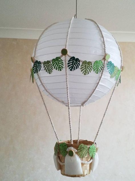 Lamp Shade Crafts, Air Balloon Nursery, Wicker Lamp Shade, Jungle Theme Nursery, Balloon Nursery, Hot Air Balloon Design, Hot Air Balloon Decorations, Hot Air Balloon Nursery, Neutral Green