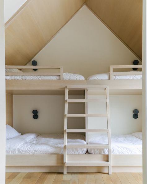 Found My Thrill A Frame Loft Bunk Beds, Small Bunk Room Ideas, Bunk Bed Cabin, Contemporary Cabin Interior, Lake House Bunk Rooms, Bed City, Cabin Bunk Beds, Teen Hangout, Danish Hygge