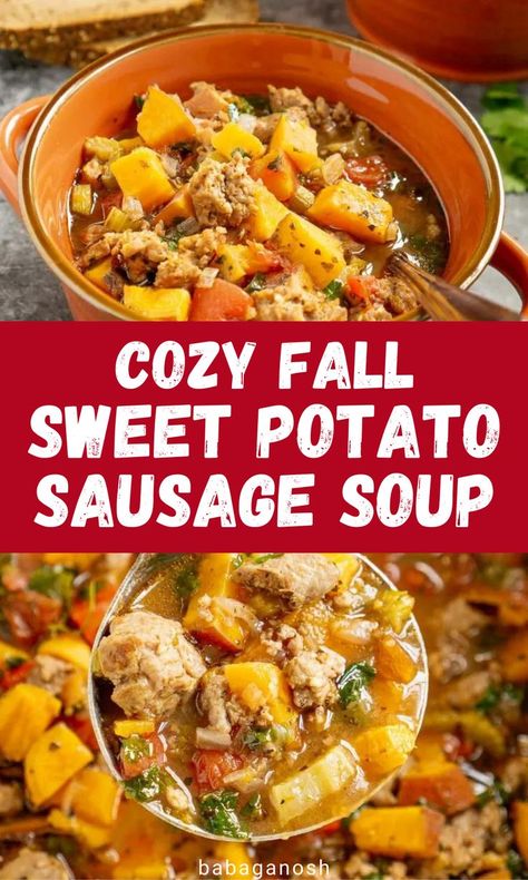 Comforting fall sweet potato and sausage soup. Sweet Italian Sausage Soup, Sausage Sweet Potato Recipes, Kid Friendly Soup Recipes, Potato And Sausage Soup, Potato Sausage Soup, Sweet Potato And Sausage, Sweet Potato Sausage, Potatoe Dinner Recipes, Potato And Sausage