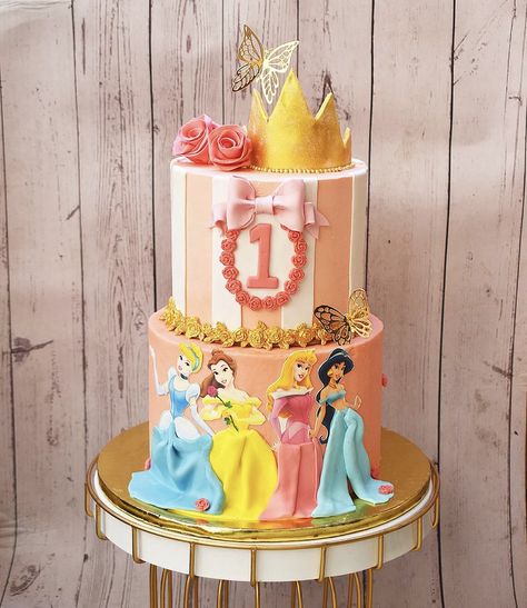 Two Tier Disney Princess Cake, Disney Princess Birthday Cakes 2 Tier, 2 Tier Princess Birthday Cake, 2 Tier Princess Cake, Princess Theme Birthday Cake, Princess First Birthday, Princess Cakes, Theme Birthday Cake, Disney Princess Cake