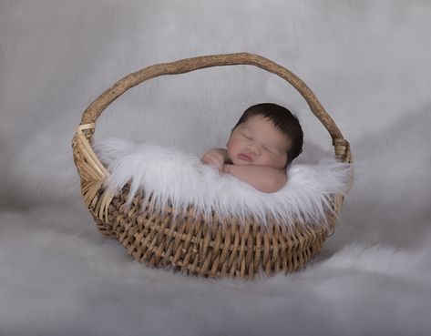 Infant In Basket Photography, Newborn In A Basket Photos, Wicker Basket Newborn Photos, Newborn Basket Pictures, Newborn Photography Basket, Newborn Basket, Foto Newborn, Newborn Family Photography, Monthly Baby Photos