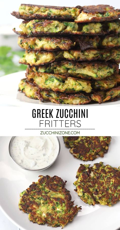 Greek zucchini fritters recipe by Zucchini Zone. Greek zucchini fritters, or kolokithokeftedes, are made with shredded zucchini, fresh herbs, and feta cheese. Bursting with fresh summer flavor, they make the perfect appetizer served with tzatziki sauce or yogurt. #greekzucchinifritters #zucchinifritters #greekfritters #kolokithokeftedes #appetizer #summer Zucchini Feta Recipes, Zucchini With Feta Cheese, Greek Zucchini Fritters, Stovetop Zucchini, Zucchini Quesadilla, Zucchini Appetizers, Appetizer Summer, Shredded Zucchini Recipes, Greek Zucchini