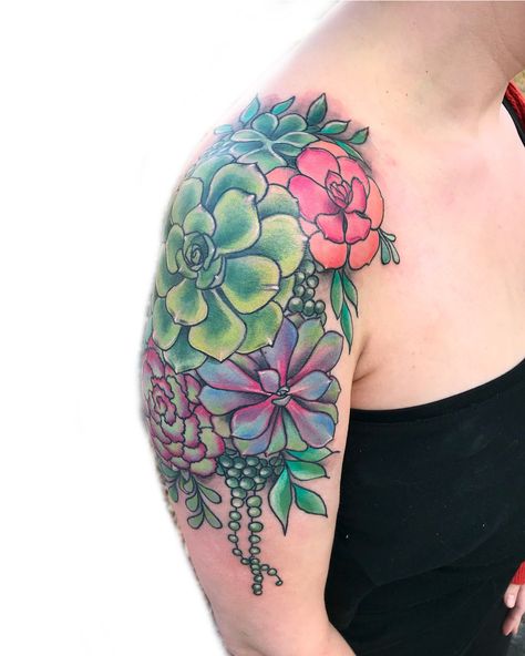 Finished up @shamalama123 Colorful Succulent shoulder piece thank you so much!!! 🌿🌸🌵🎍 #tattoo #tattooed #tattooart #tattoos #colortattoo… Succulent Tattoo Small, Succulents Tattoo, Elemental Tattoo, So Much Tattoo, Alien Desert, Plant Sleeve, Succulent Tattoo, Simple Tattoos For Women, Rose Shoulder Tattoo