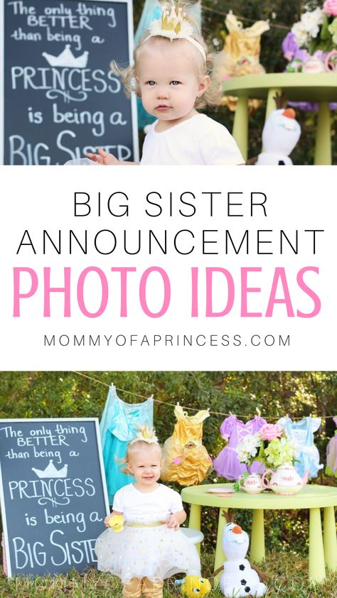 Searching for fun ways to announce second pregnancy pregnant? Check out these cute princess themed gender reveal pictures for Facebook. Includes perfect big sister gender reveal ideas, going to be a big sister announcements, and big sister announcement photo ideas. Share the good news with this Im going to be a big sister announcement ideas. #genderreveal #bigsister #photoideas Big Sister Announcement Second Baby, Baby Reveal Ideas To Parents, Gender Reveal Pictures, Pregnancy Announcement Big Sister, Pregnancy Announcement Sibling, Big Sister Announcement, Baby Kicking, Second Pregnancy, Disney Mom