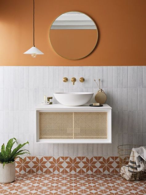 Small Bathroom Tile Ideas, Small Bathroom Tiles, Chevron Tile, Glazed Brick, White Wall Tiles, Orange Bathrooms, Mid Century Bathroom, Downstairs Toilet, Small Toilet