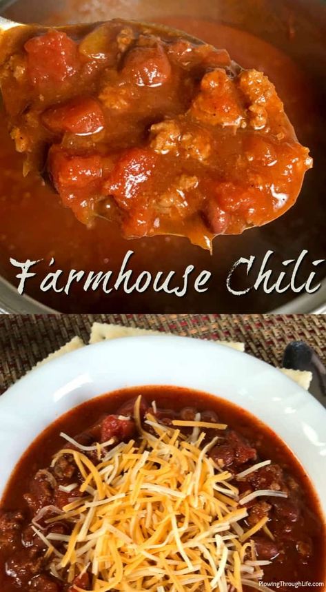 Collage of hearty Farmhouse Style Chili in a pot on a spoon and in a white bowl with cheese.