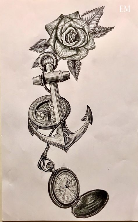 Some awesome rose anchor clock compass artwork! Personally hand drawn. #drawings  #clocks  #drawing  #anchortattoo  #details  #inked  #ink  #3d  #tattoos  #tattoo  #design  #atlas  #clocktattoo  #clock  #west  #roses  #blackandgrey  #photorealism  #compasstattoo  #compass  #rosetattoo  #design  #rose  #anchors  #anchor  #art  #artwork  #losangeles  #la  #artifact  #artist Compass Artwork, Anker Tattoo Design, Tattoo Bein Frau, Compass Drawing, Rose Clock, Skull Hand Tattoo, Anchor Tattoo Design, Anker Tattoo, Anchor Tattoos