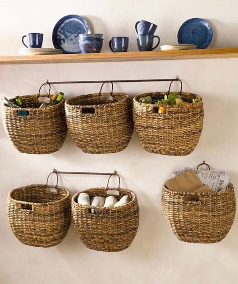 Hanging Wicker Baskets On Wall, Pymes Ideas, Wall Baskets Storage, Hanging Wicker Baskets, Cabin Storage, Wall Basket Storage, Banana Bark, Woven Storage Baskets, Cane Baskets