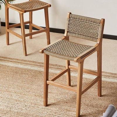 Embrace the charm of vintage elegance with our unique rattan stool. Crafted with a solid wood frame and hand-woven cowhide paper rope seat, it offers both durability and comfort. The ergonomically designed backrest ensures a cozy seating experience, while the eco-friendly paint finish keeps your space healthy and odour-free. A must-have for your home! | Bungalow Rose Solid Wood Tall Stool Brown 35.04 x 15.75 x 18.5 in | C110722673_661449422 | Wayfair Canada Woven Bar Stools, Booth Seat, Tall Stools, Rattan Stool, Brown Bar Stools, High Bar Stools, Wood Counter Stools, Bar Stools With Backs, Stools With Backs