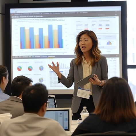 Business Presentation Success: Confident businesswoman presenting colorful data charts to attentive colleagues during an engaging corporate training session. #business #presentation #woman #training #corporate #data #graphs #charts #aiart #aiphoto #stockcake https://ayr.app/l/V9CE Woman Giving Presentation, Real Reference, Success Images, Marketing Project, Interactive Presentation, A M, Data Charts, Corporate Presentation, Bar Graphs