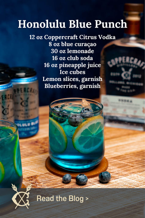 If you want to make your own, follow our recipe, or grab the canned cocktail version.  12 oz Coppercraft Citrus Vodka 8 oz blue curaçao 30 oz lemonade 16 oz club soda 16 oz pineapple juice Ice cubes Lemon slices, garnish Blueberries, garnish  In a big punch bowl, combine Coppercraft Citrus Vodka, blue curaçao, lemonade, and pineapple juice. Stir well to blend the flavors. Before serving, gently stir in the club soda or lemon-lime soda for some fizz. Add lemon slices and blueberries for garnish. Blue Shots Recipe, Blueberry Cocktail Recipes, Blue Curacao Recipe, Blue Cocktail Recipes, Dip Party, Blueberry Cocktail, Vodka Blue, Juice Ice Cubes, Blue Punch