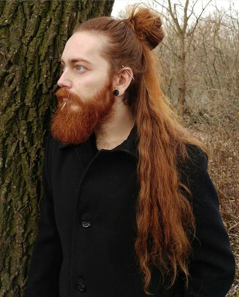 Tibor Pusch on Instagram: “Already a year ago 🔥 #viking #redhead #manbun #ginger #gingerman #beard #beardedman #vikings #got #lotr #nature #autumn #slovakia…” Redhead Haircut, Male Viking, Viking Haircut, Long Mohawk, Braided Beard, Long Beard Styles, Medieval Hairstyles, Viking Braids, Thick Beard