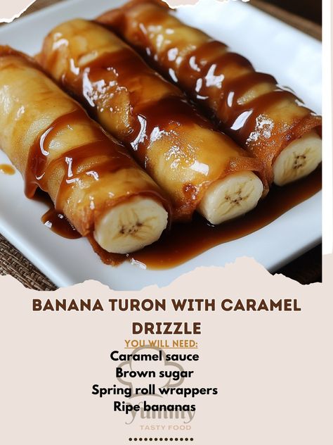 🍌🍯 Banana Turon with Caramel Drizzle—Sweet, crispy banana turon topped with luscious caramel drizzle. A delightful treat you’ll love! 🇵🇭✨ #BananaTuron #CaramelDelight Banana Turon with Caramel Drizzle Ingredients: Ripe bananas (4, peeled and sliced) Spring roll wrappers (8) Brown sugar (1/2 cup) Caramel sauce (1/4 cup) Oil (for frying) Instructions: Heat oil in a pan. Place a banana slice and some brown sugar in a spring roll wrapper. Roll tightly and seal edges. Fry until golden brown. D... Banana Spring Rolls, Caramel Delights, Spring Roll Wrappers, Banana Slice, Frying Oil, Caramel Sauce, Spring Rolls, Ripe Banana, Brown Sugar