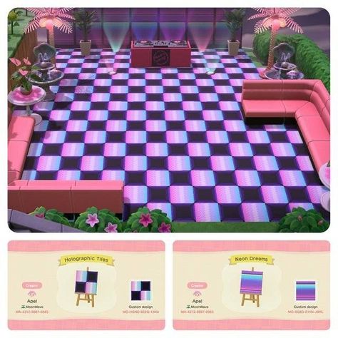 Animal Crossing New Horizons on Instagram: “Vaporwave tile and neon simple panel design. Creator ID MA-4312-9887-0565🌴 credit to Apel of moonwave (don’t know their social handle, if…” Disco Floor, Motif Acnl, Animal Crossing 3ds, Ac New Leaf, Animal Crossing Memes, Animal Crossing Guide, Acnh Designs, Animal Crossing Qr Codes Clothes, Animal Crossing Wild World