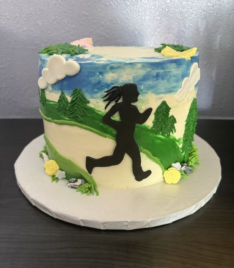 Woman jogging on trail theme cake Running Cake, Woman Jogging, Running 5k, Theme Cake, Fondant Cakes, Gum Paste, Themed Cakes, Bridesmaid Hair, Birthday Cakes