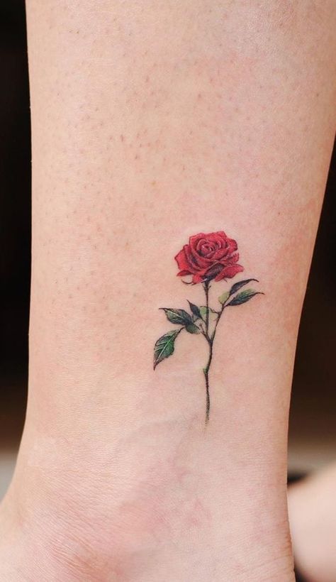 Small Red Rose Tattoos For Women, Coloured Rose Tattoo, Rose Tattoos For Women, Small Rose Tattoo, Red Rose Tattoo, Foot Tattoos For Women, Rose Tattoo Design, Subtle Tattoos, Elegant Tattoos