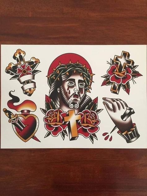 Traditional Jesus Tattoo, Jesus Tattoo Sleeve, Crucifix Tattoo, Tattoo Jesus, Jesus Tattoo Design, Sailor Jerry Tattoo Flash, Tattoo Coverup, Traditional Tattoo Old School, Traditional Tattoo Sleeve