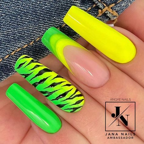 23+Spring Nail Designs For 2023 | Summer Nail Art Lime Green Leopard Nails, Yellow Zebra Nails, Neon Green And Yellow Nails, Neon Zebra Nails, Green Nails Bright, Purple And Yellow Nails Designs, Nails Green And Yellow, Neon Nails Yellow, Neon Animal Print Nails