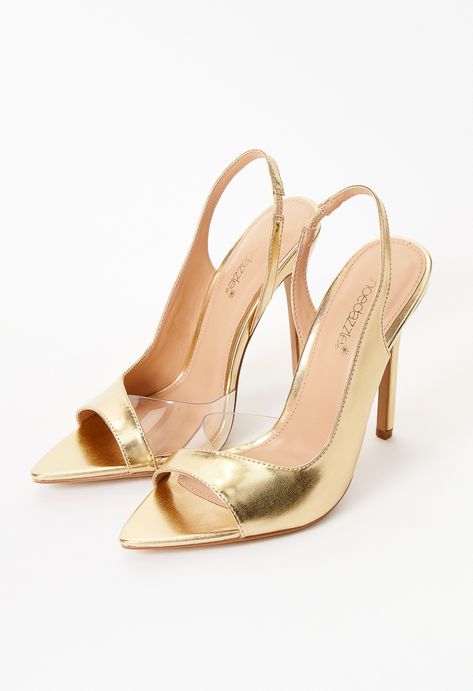 ShoeDazzle Gold/ Clear female Fashion >> Shoes >> Pumps >> Slingback Faux Leather regular Metallic Calista Slingback Heel Gold Slingback Heels, Gold Heels Wedding, Luxury Heels, Must Have Shoes, Heels Wedding, Fab Shoes, Sigma Gamma Rho, 30th Bday, Gold Pumps