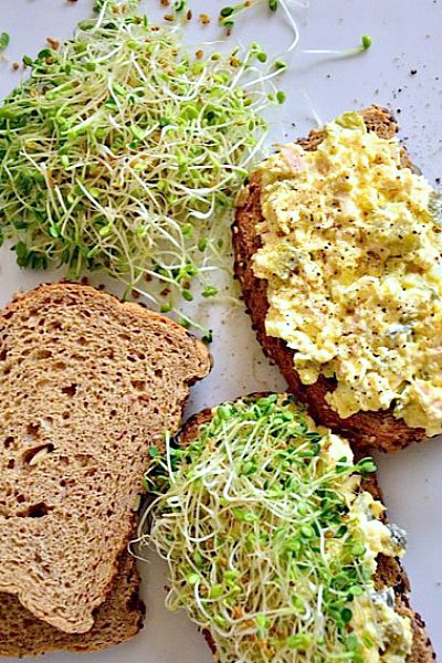 Great recipe to use leftover Easter eggs: Egg Salad with Tuna and Sweet Pickles Sandwich Recipe reluctantentertainer.com Sandwiches With Bean Sprouts, Micro Green Sandwich, Bean Sprout Sandwich, Microgreen Sandwiches, Sandwiches With Sprouts, Micro Greens Recipe, Pickles Sandwich, Salad With Tuna, Egg Avocado