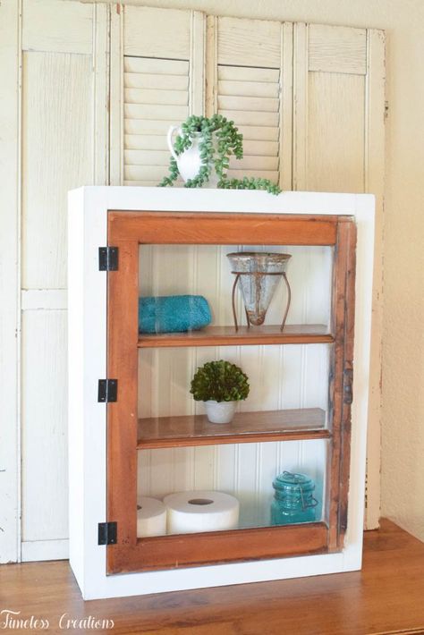 DIY Window Wall Cabinet - $100 Room Challenge Week 4 - Timeless Creations, LLC Diy Window Wall, Rustic Bathtubs, Rustic Wood Headboard, Diy Bathroom Makeover, Farmhouse Style Bedrooms, Diy Side Table, Bathroom Stuff, Diy Workbench, Wall Cabinets