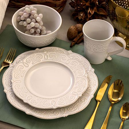 # Pieces In Set: 16Included: 4 6 Inch Bowl(s), 4 8 1/2 Inch Salad Plate(s), 4 12 oz. Mug(s), 4 10 1/2 Inch Dinner Plate(s)Features: Dishwasher Safe, Microwave SafePlace Setting: Service for 4Shape: RoundBase Material: 100% StonewareCare: Dishwasher SafeDecor Styles: ModernCountry of Origin: Imported Dish Sets Farmhouse, Cottagecore Dinnerware, Antlers Decor, Fine Dinnerware, White Dinnerware Set, Dining Etiquette, Pretty Dishes, Stoneware Dinnerware Sets, White Dinnerware