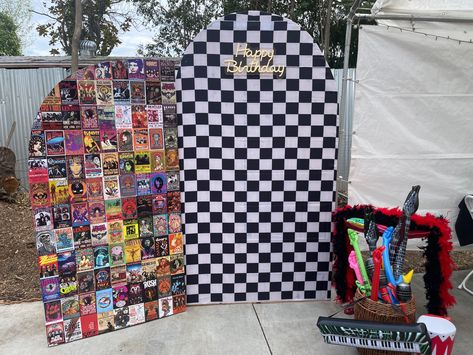 Rock N Roll Party Aesthetic, 1st Birthday Rockstar Theme, Rock N Roll Backdrop, Warped Tour Themed Party, Vinyl Record Backdrop, Rock And Roll Backdrop, Motley Crue Birthday Party Theme, Punk Party Ideas, Rick And Roll Party Ideas