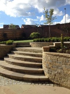 Curved Garden Steps, Curved Patio Steps, Granite Sets, Curved Steps, Yorkshire Garden, Steep Gardens, Stone Backyard, Stone Paving, Curved Wall