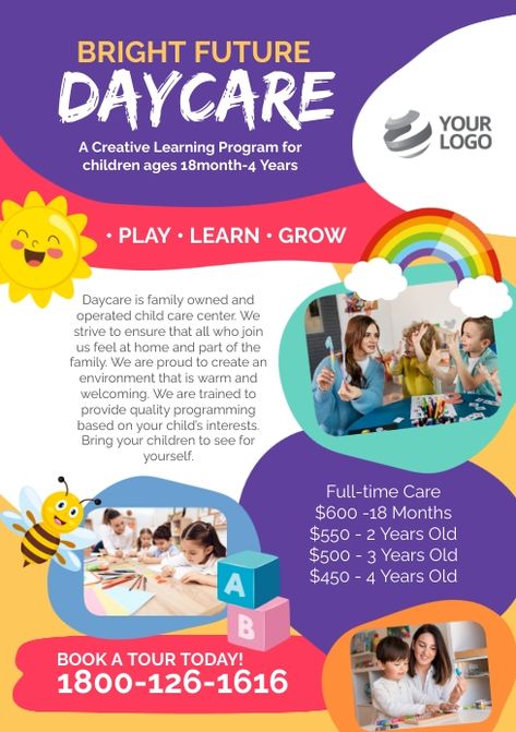 Design created with PosterMyWall Daycare Creative Ads, Daycare Poster Ideas, Preschool Flyer Design, Preschool Flyer, Daycare Flyer, Childcare Facility, Babysitting Flyers, Daycare Setup, Toddler Daycare