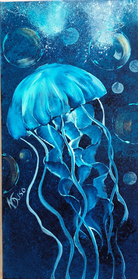 Blue Jellyfish Painting, Canvas Painting Ideas Jellyfish, Jellyfish Acrylic Painting Ideas, Jelly Fish Pictures, Paintings Of Jellyfish, Jelly Fish Acrylic Paintings, Underwater Life Painting, Squid Painting Acrylic, Aquatic Life Painting