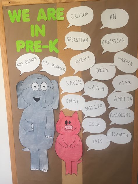 Piggie And Gerald Bulletin Board, Mo Willems Decorations, Piggy And Elephant Classroom Decor, Elephant And Piggie Classroom Decor, We Are In A Book Elephant And Piggie, Piggie And Elephant, Mo Willems Author Study, Preschool Decor, Preschool Rooms