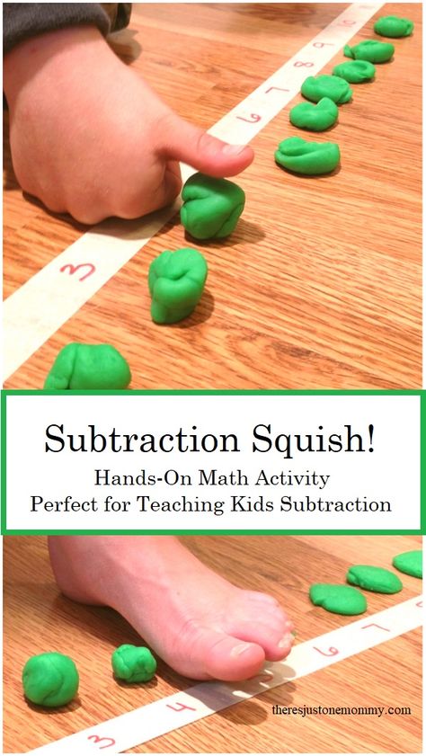 Subtraction Squish is a fun, hands-on math activity that is perfect for teaching subtraction; this activity is perfect for kinesthetic learners #mathfacts #homeschoolingideas #subtraction #mathactivities #handsonlearning Addition And Subtraction Preschool, Subtraction Fun Activities, Math Facts Activities, Gross Motor Math Activities Preschool, Sensory Addition Activities, First Grade Math Scope And Sequence, Teaching Subtraction First Grade, Hands On Math Activities Elementary, Subtraction Craft