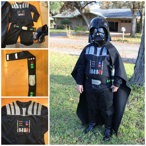 Homemade darth vader: store bought black pants from Target $10; Walmart long sleeve black plain t-shirt $7 which I used some fabric paint to paint on shoulder armor (the fabric paint that is soft and use a paint brush) the belt was made on a sewing machine with black fabric (same as the cape). use felt for buckle and buttons and Velcro on the back. The cape is basically a big piece of fabric with elastic at the neck. Boot were bought at goodwill (cut buckles off) add mask and light saber Diy Darth Vader Costume, Toddler Darth Vader Costume, Darth Vader Costume Kids, Diy Darth Vader Helmet, Darth Vader Costumes For Kids, Homemade Darth Vader Costume, Halloween Costumes Darth Vader, Diy Darth Vader Belt, Leia Endor Poncho Diy