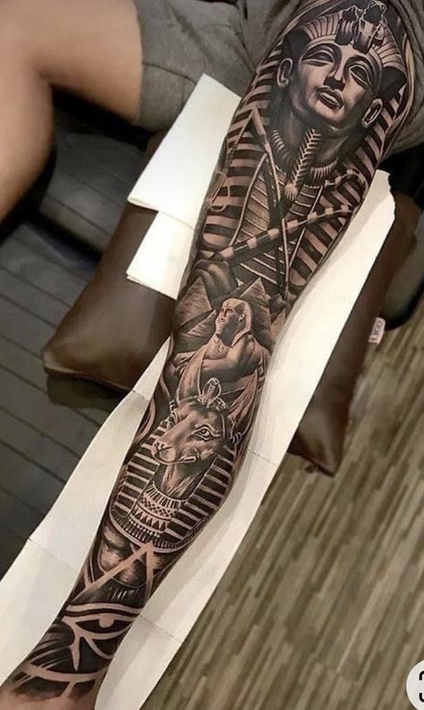 Leg Sleeve Tattoos, Best Leg Tattoos, Egyptian Tattoo Sleeve, Full Leg Tattoos, Egypt Tattoo, Tattoo Inspiration Men, Geniale Tattoos, Back Of Shoulder Tattoo, Egyptian Tattoo