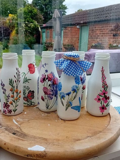 Decoupage without borders | I rescued these milk shake bottles from someone's can bin | Facebook Old Milk Bottles Ideas, Small Milk Bottle Crafts, Glass Milk Bottle Ideas, Milk Bottle Crafts, Milk Bottle Craft, Cabana Ideas, Mini Milk Bottles, Vintage Milk Bottles, Shake Bottle