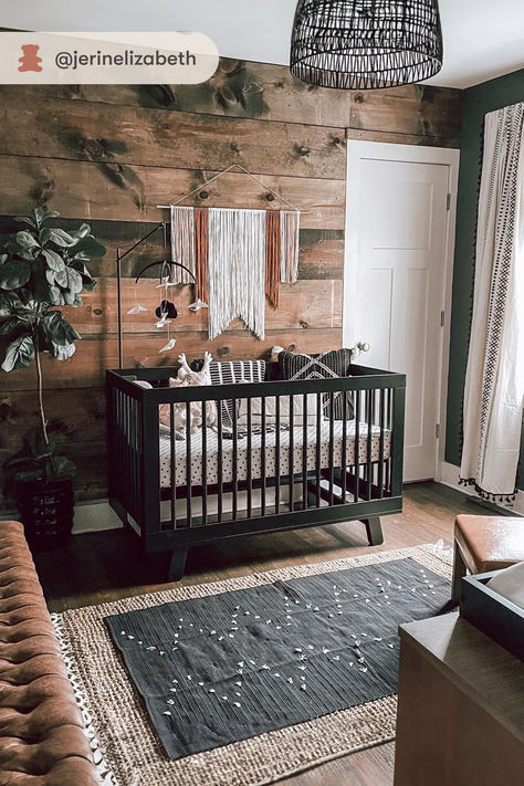 #babyletto Hudson Crib • nursery designed by @jerinelizabeth Green Rustic Nursery, Small Cozy Nursery, Log Cabin Nursery Ideas, Log Cabin Nursery, Black And Wood Nursery, Forrest Nursery Boy Baby, Woodsy Nursery Baby Boy, Cabin Nursery Theme, Moody Baby Nursery