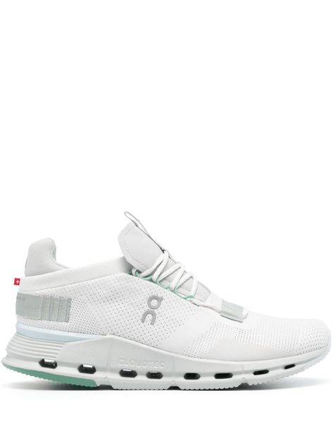 white/green pointelle knit almond toe logo pull-tab at the tongue appliqué logo to the side branded heel counter branded insole signature CloudTec® cushioning rubber sole front lace-up fastening On Clouds Nova, Cute On Clouds Shoes, Nurse Tennis Shoes, Cute On Clouds, On Cloud Nova, White New Balance Shoes, Cute Running Shoes, On Cloud Shoes, On Cloudnova