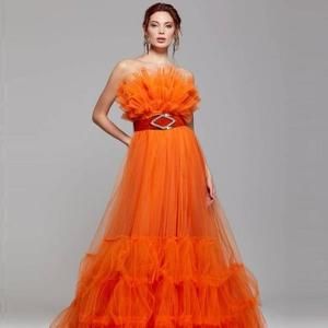 Elegant Orange Tulle Dresses Strapless Women Long Maxi Tulle Dressing – Karanube Royal Blue Tulle Dress, Orange Tulle Dress, Gowns For Party, Orange Gown, Blue Tulle Dress, Orange Prom Dresses, Tulle Dress Long, Tulle Party Dress, Tulle Dresses