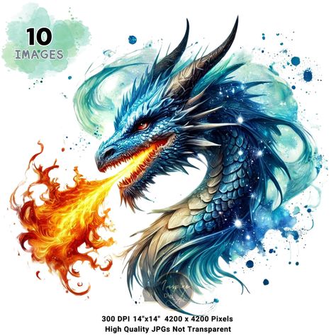 Dragons Watercolor, Fairytale Dragon, Dragon Clipart, Elemental Dragons, Waterslide Decal Paper, Dragon Fire, Iron On Fabric, Decal Paper, Fire Dragon