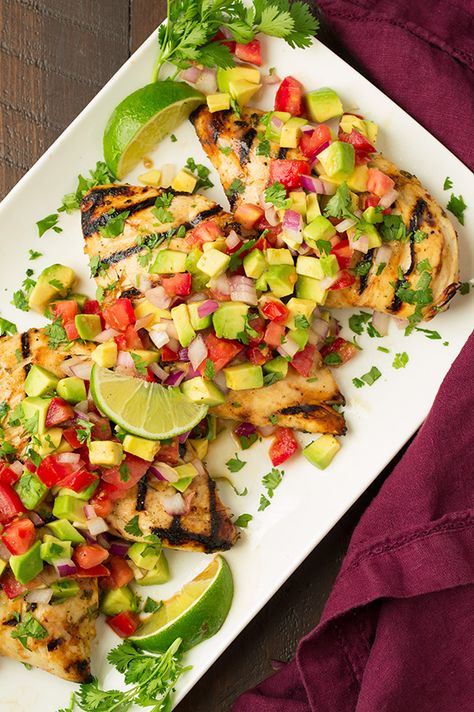 Grilled Cilantro Lime Chicken with Avocado Salsa | Cooking Classy Chicken With Avocado Salsa, Chicken With Avocado, Avocado Salsa Recipe, Cilantro Lime Chicken, Avocado Salsa, Grilled Chicken Recipes, Cooking Classy, Lime Chicken, Cilantro Lime