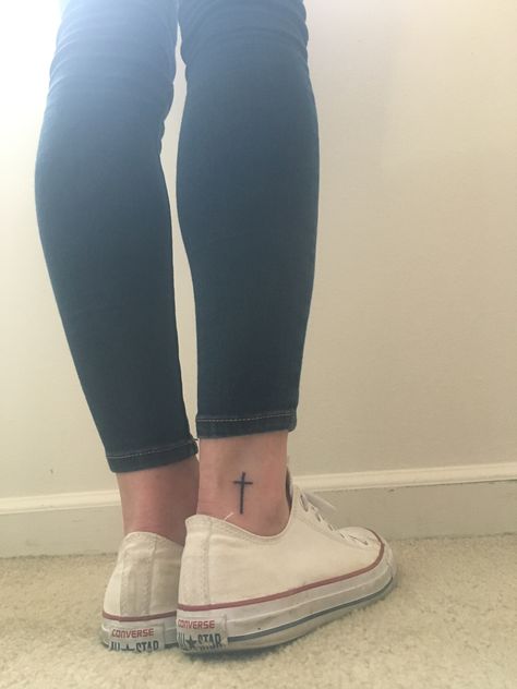 small cross tattoo Christian Feet Tattoo, Small Cross Ankle Tattoo, Cross Tattoos For Women Ankle, Cross Foot Tattoo, Ankle Cross Tattoos For Women, Cross Ankle Tattoos For Women, Cross On Ankle Tattoo, Ankle Cross Tattoo, Cross Tattoo On Ankle