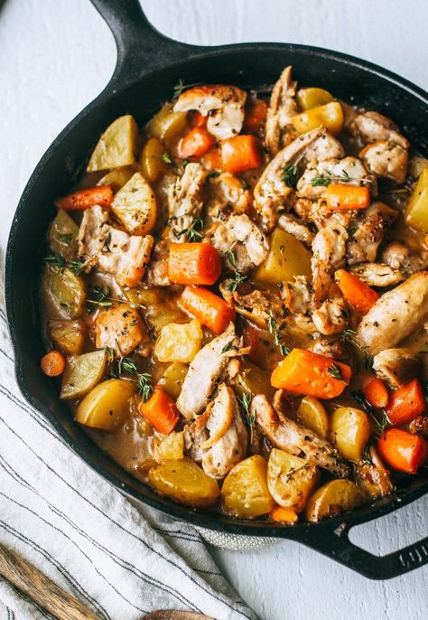 Dinner Recipes With Carrots, Healthy Dinner Protein, White Wine Chicken Stew, Chicken And Vegetable Skillet, Gathered Nutrition, Chicken Potatoes And Carrots, Chicken And Carrots, Creamy White Wine Sauce, White Wine Chicken