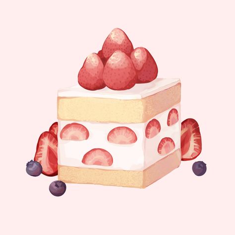 How To Draw Cake Digital, Anime Strawberry Cake, Anime Cake Drawing, Cake Drawing Tutorial, Strawberry Cake Painting, Strawberry Cake Drawing, Strawberry Cake Illustration, Cake Digital Art, Desert Reference