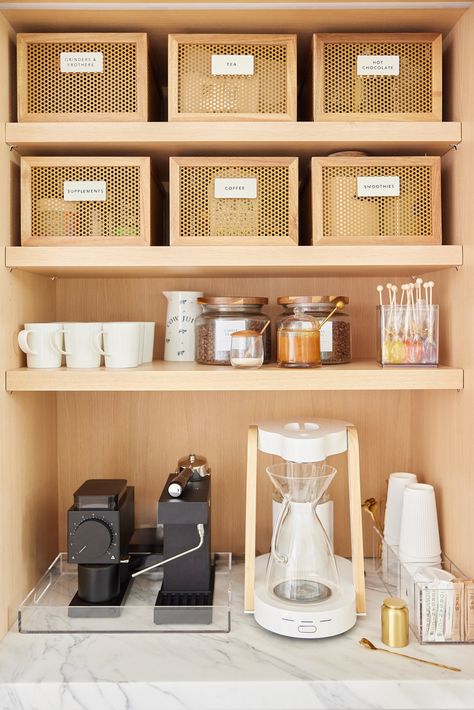 Sophisticated Living in Historic Southport: Organizing The Pantry, Coffee Bar and More — House of PRIM Coffee Bar Ideas Office, Office Snack Bar, Pantry Coffee Bar, Coffee Pantry, Vinyl Pantry Labels, Office Coffee Station, Baking Station, Office Snacks, Closet And Bathroom