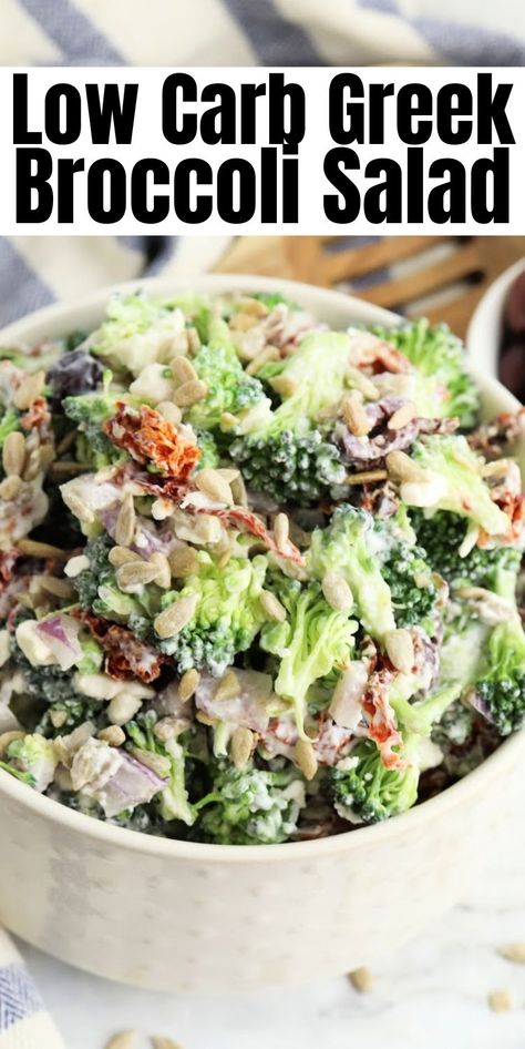 Low Carb Greek Broccoli Salad #lowcarbgreekbroccolisalad #greekbroccolisalad Brocoli Salad Recipes Low Carb, Brocolli Cauliflower Salad, Greek Broccoli, Low Carb Broccoli Salad, Keto Broccoli Salad, Broccoli Salad With Bacon, Summer Side Dishes Recipes, Easy Broccoli Salad, Healthy Broccoli Salad